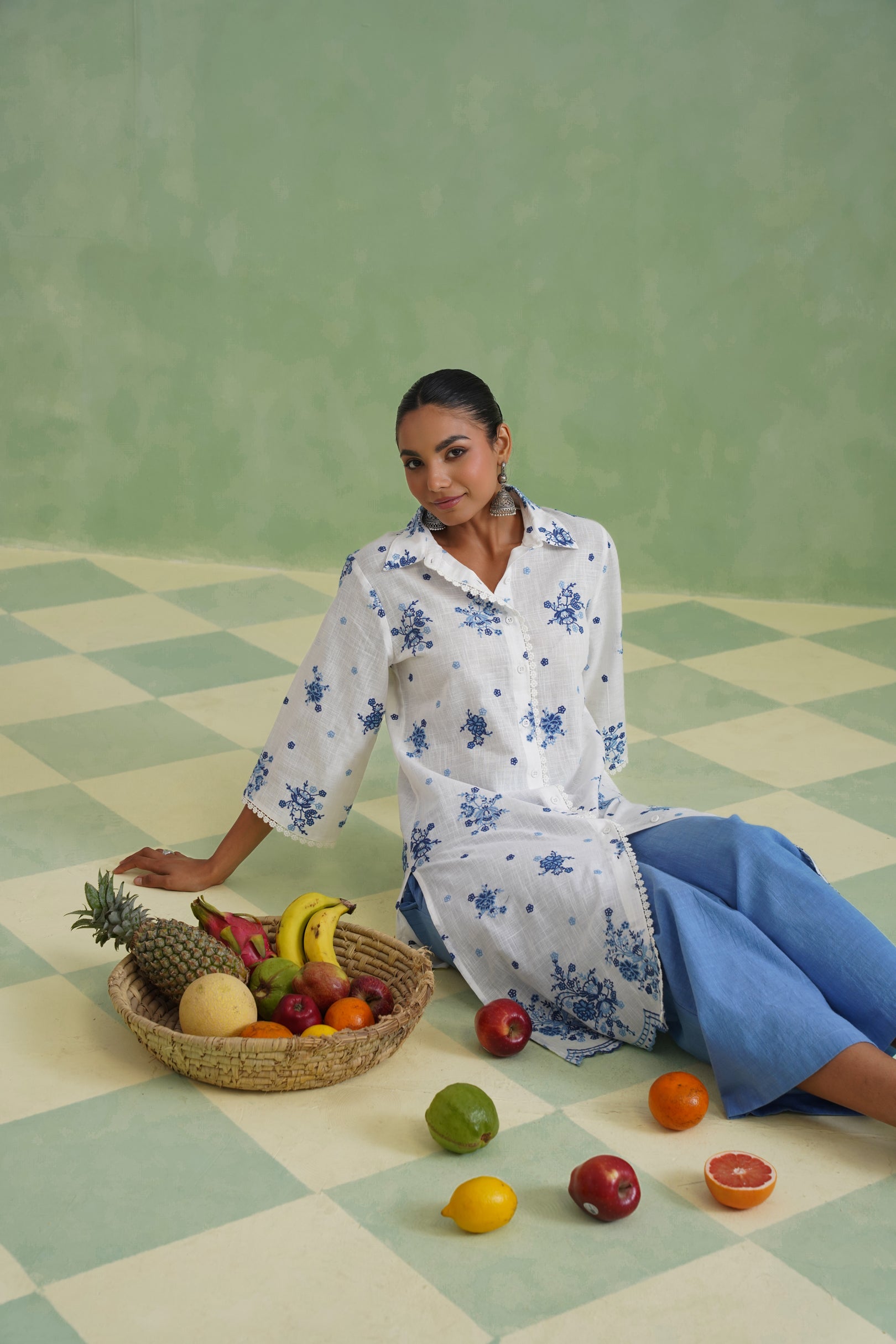 White Blue Floral Embroidered Kurta Set Korah Stitch