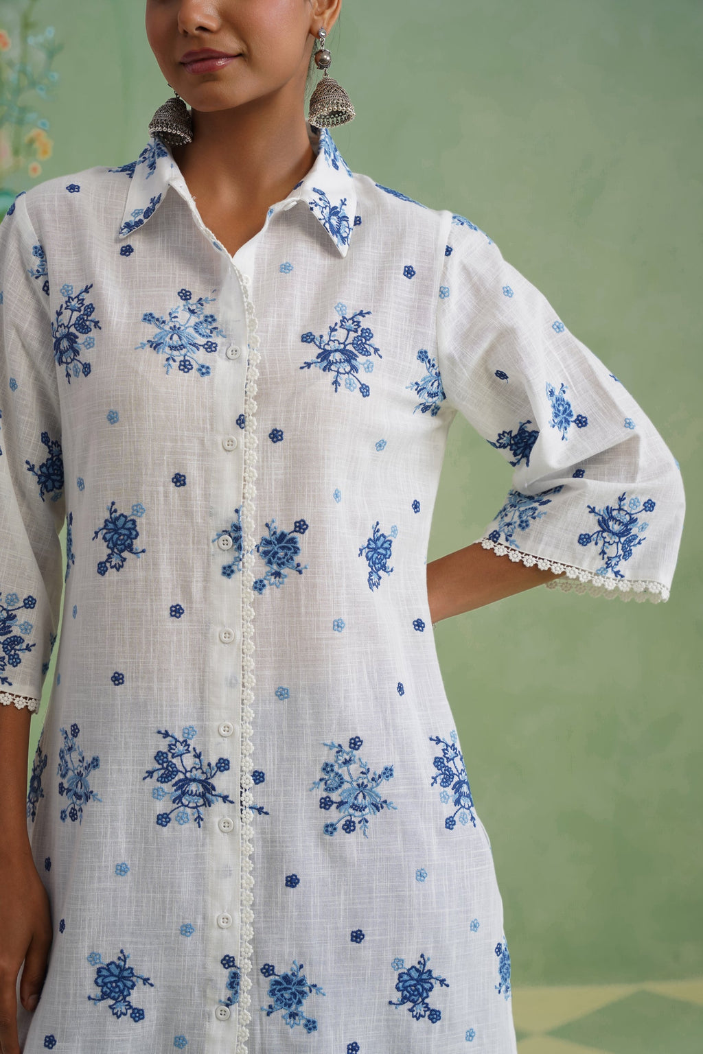 White Blue Floral Embroidered Kurta Set Korah Stitch