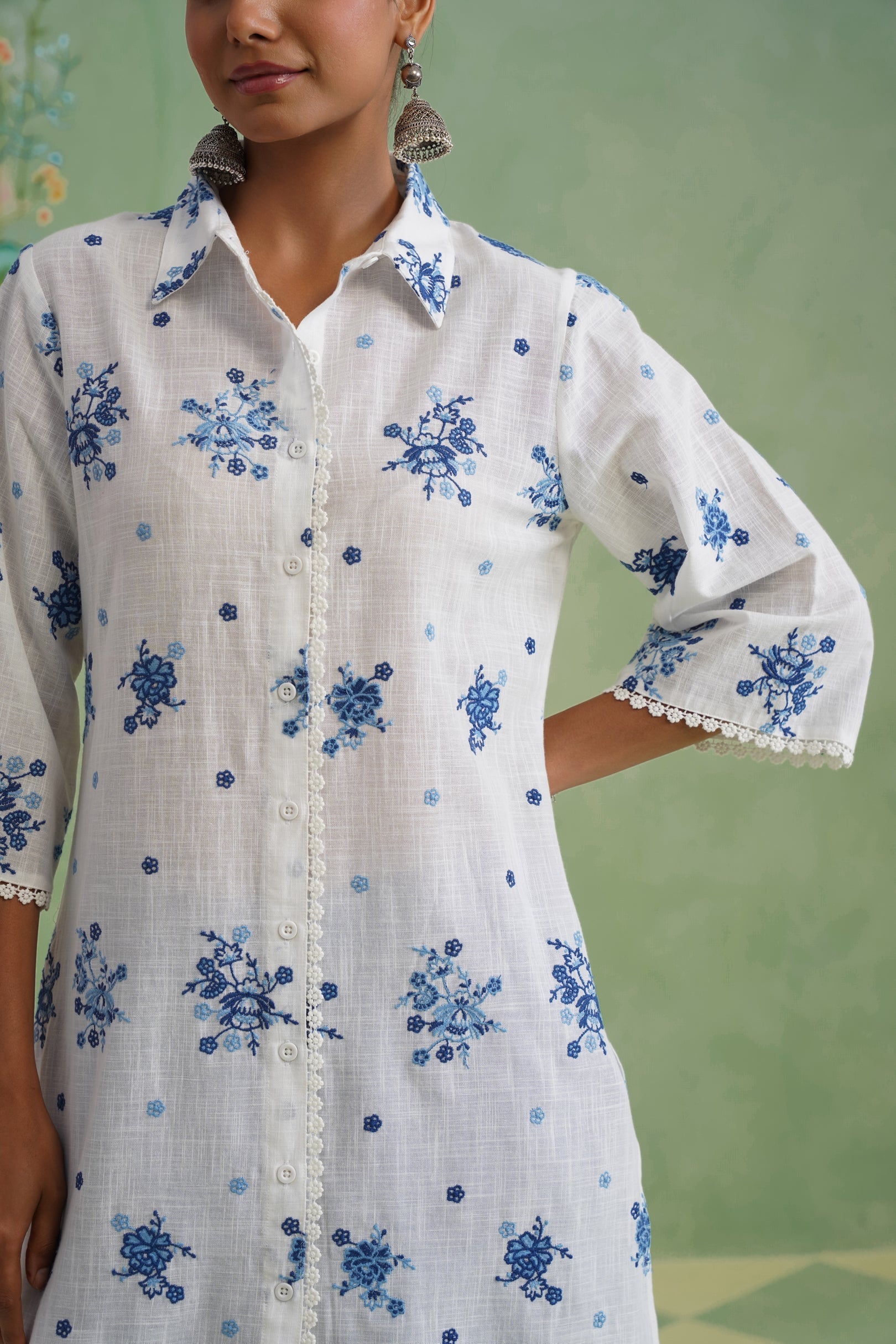 White Blue Floral Embroidered Kurta Set Korah Stitch