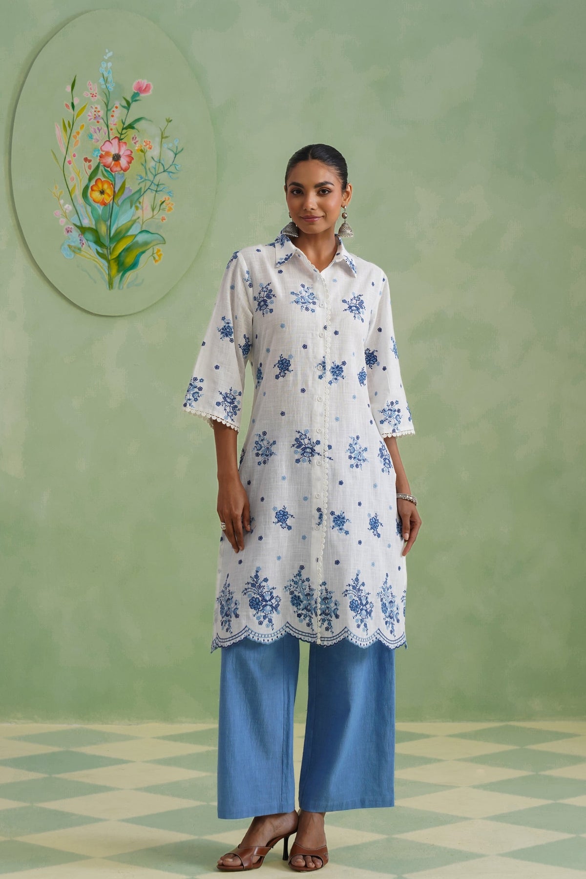 White Blue Floral Embroidered Kurta Set Korah Stitch