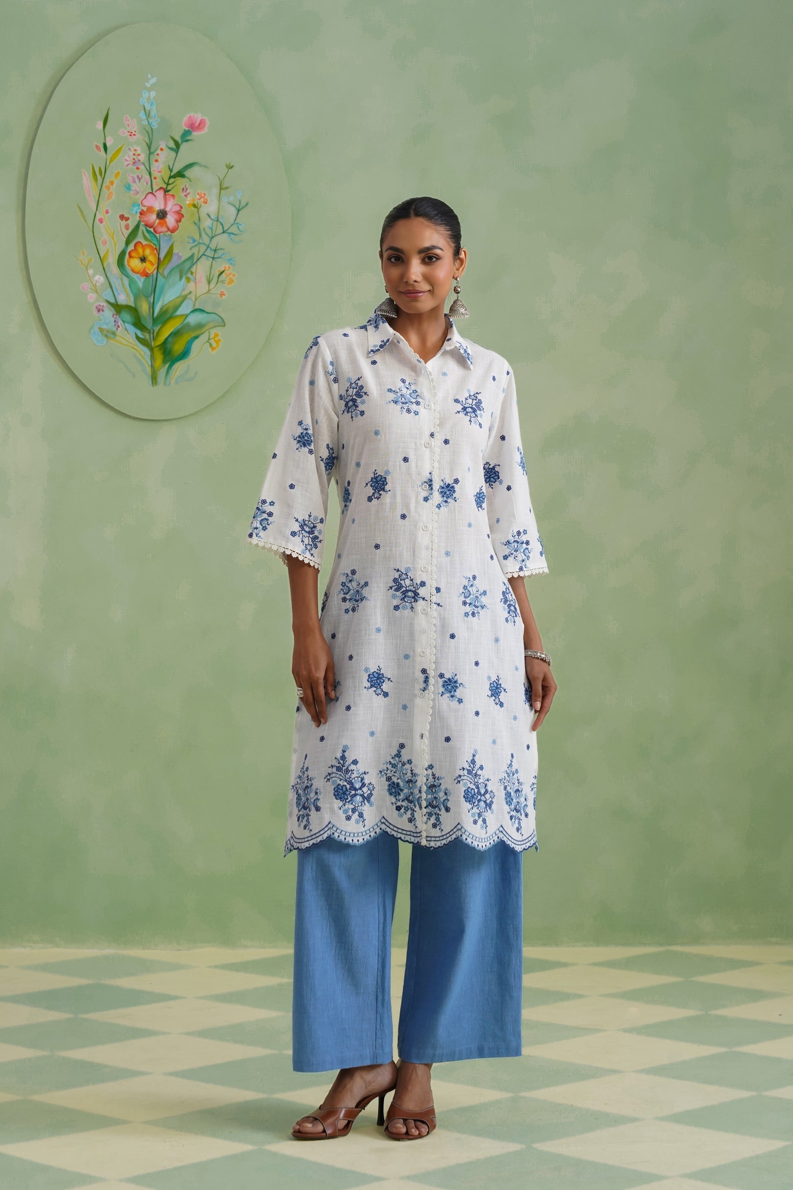 White Blue Floral Embroidered Kurta Set Korah Stitch