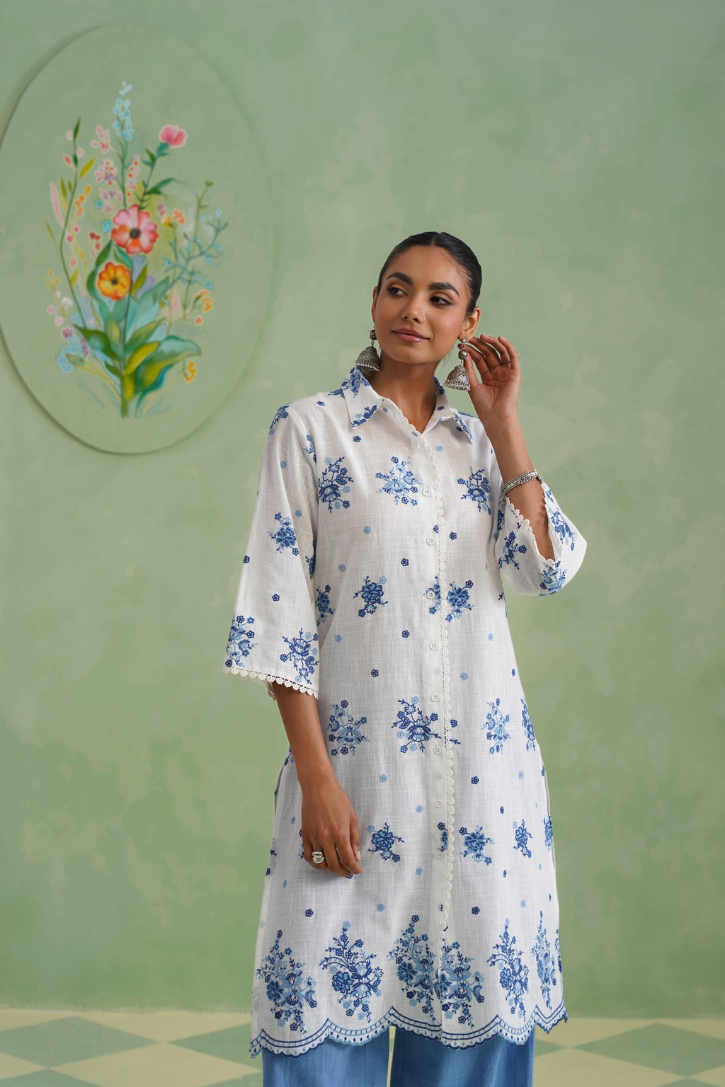 White Blue Floral Embroidered Kurta Set Korah Stitch