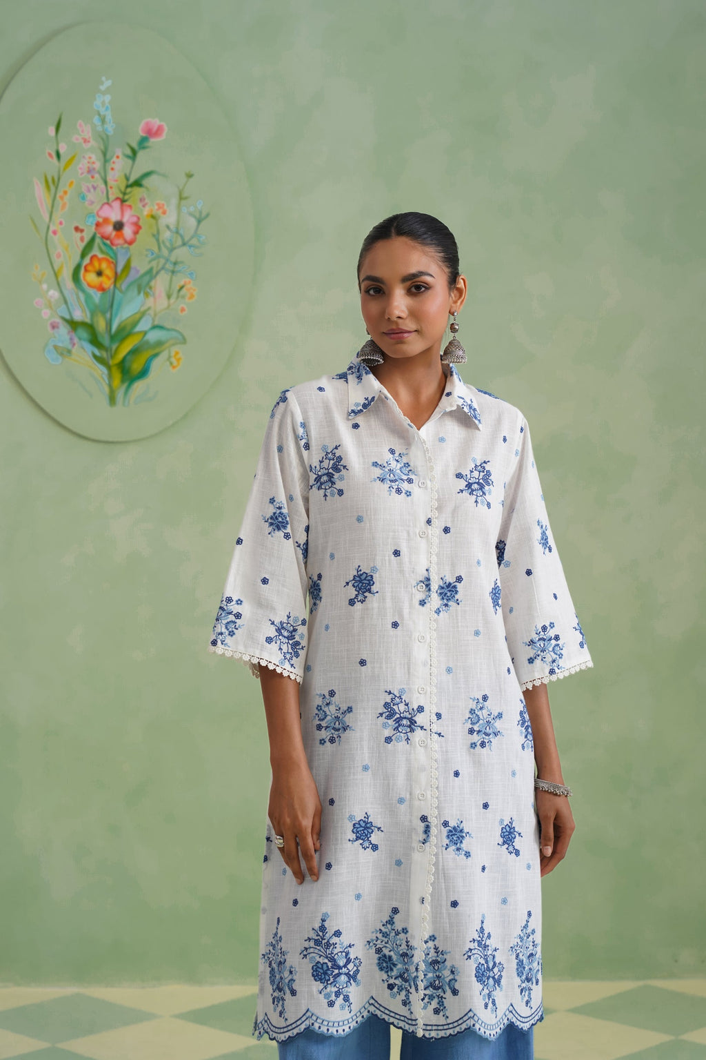 White Blue Floral Embroidered Kurta Set Korah Stitch