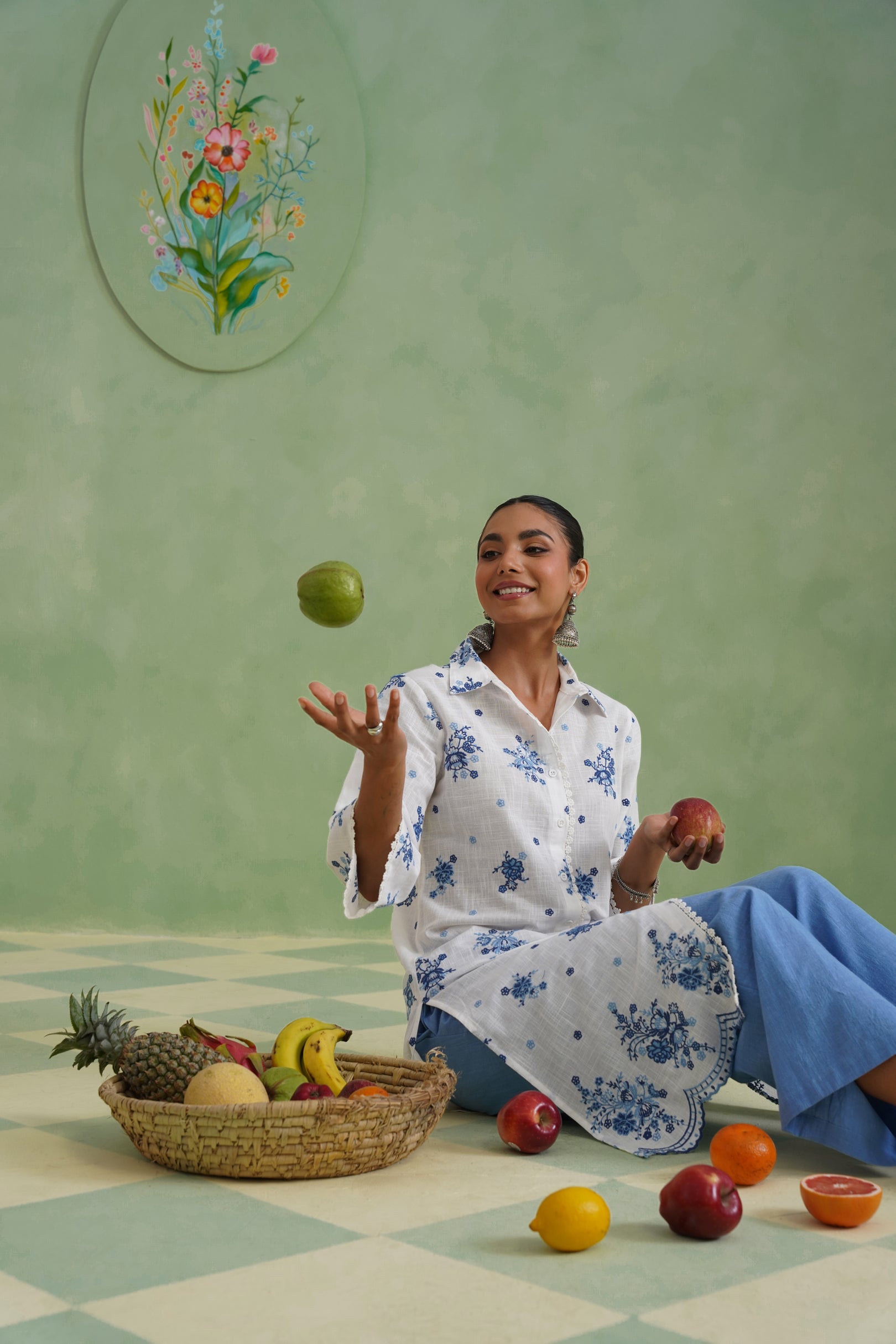 White Blue Floral Embroidered Kurta Set Korah Stitch