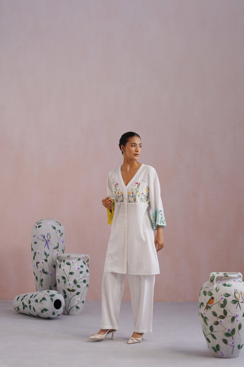 White Botanical Embroidered Cotton Linen Kurta Set Korah Stitch