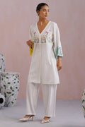 White Botanical Embroidered Cotton Linen Kurta Set Korah Stitch
