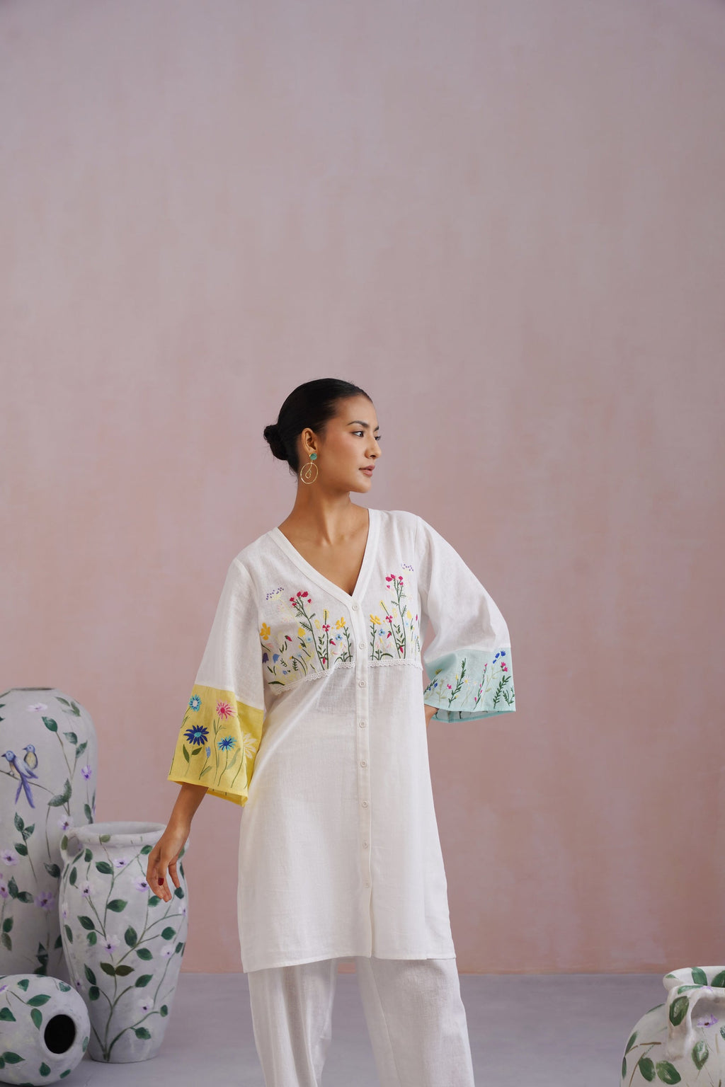 White Botanical Embroidered Cotton Linen Kurta Set Korah Stitch