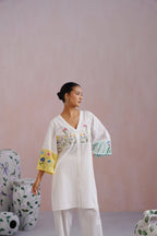 White Botanical Embroidered Cotton Linen Kurta Set Korah Stitch