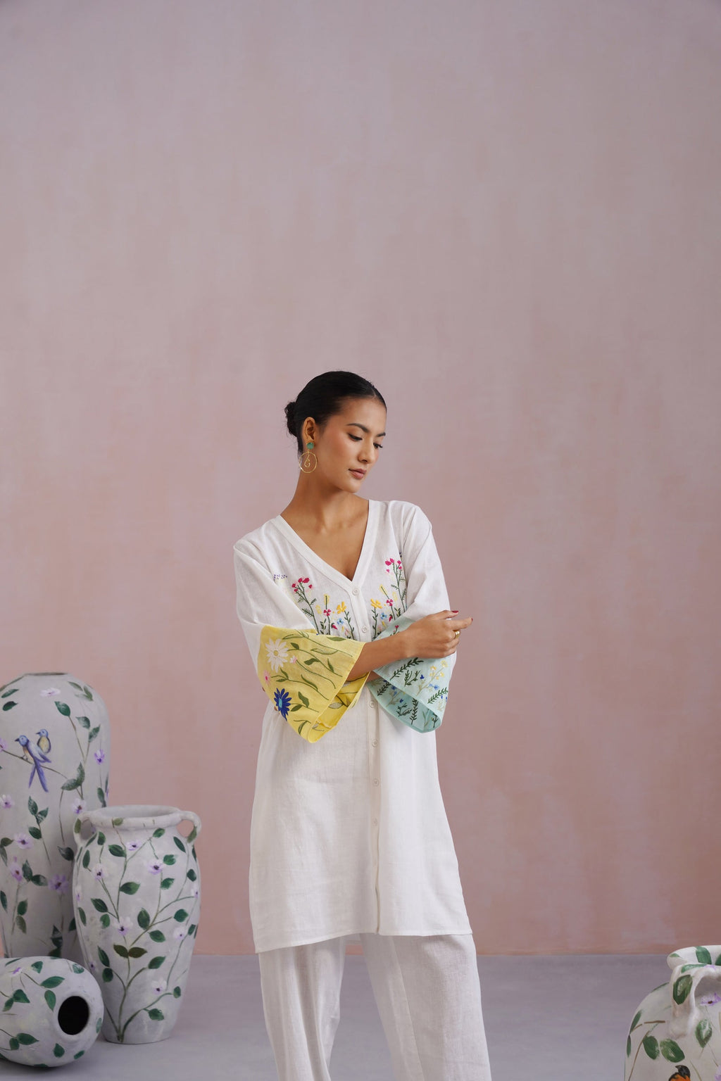 White Botanical Embroidered Cotton Linen Kurta Set Korah Stitch