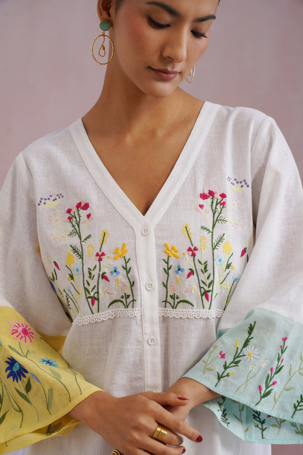 White Botanical Embroidered Cotton Linen Kurta Set Korah Stitch
