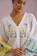 White Botanical Embroidered Cotton Linen Kurta Set Korah Stitch