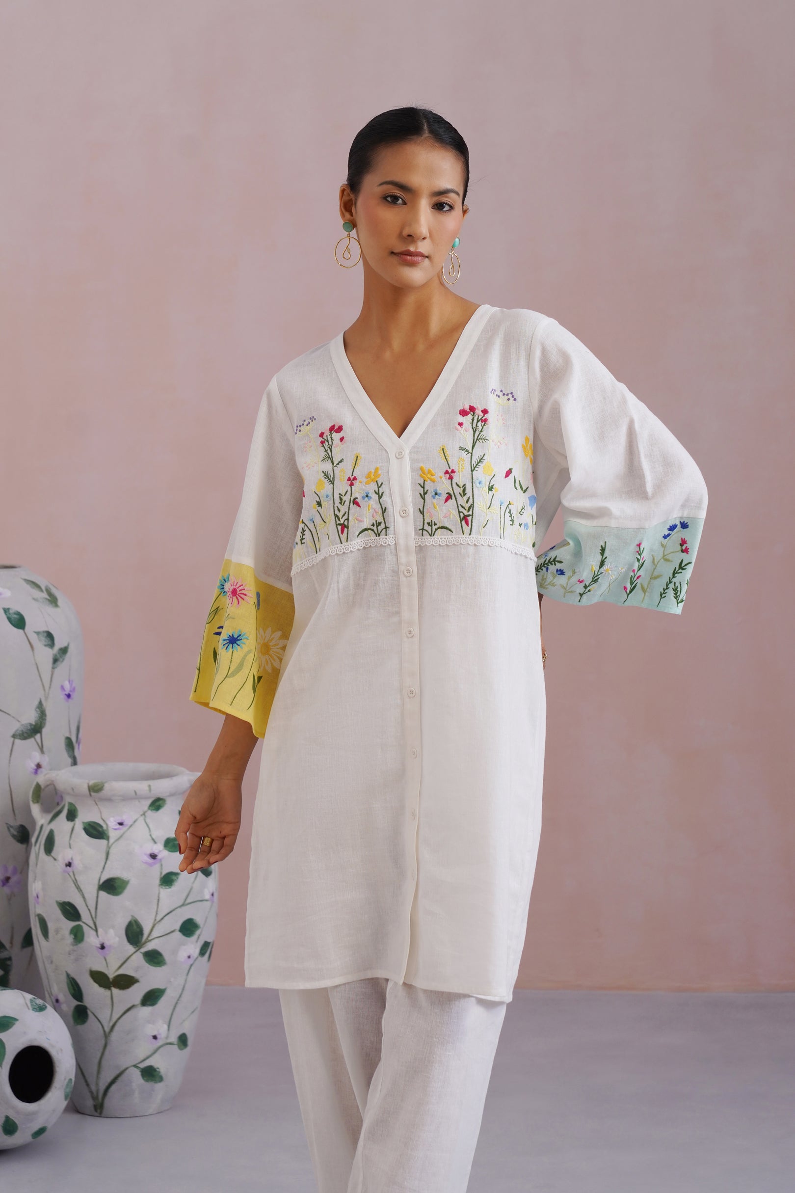 White Botanical Embroidered Cotton Linen Kurta Set Korah Stitch