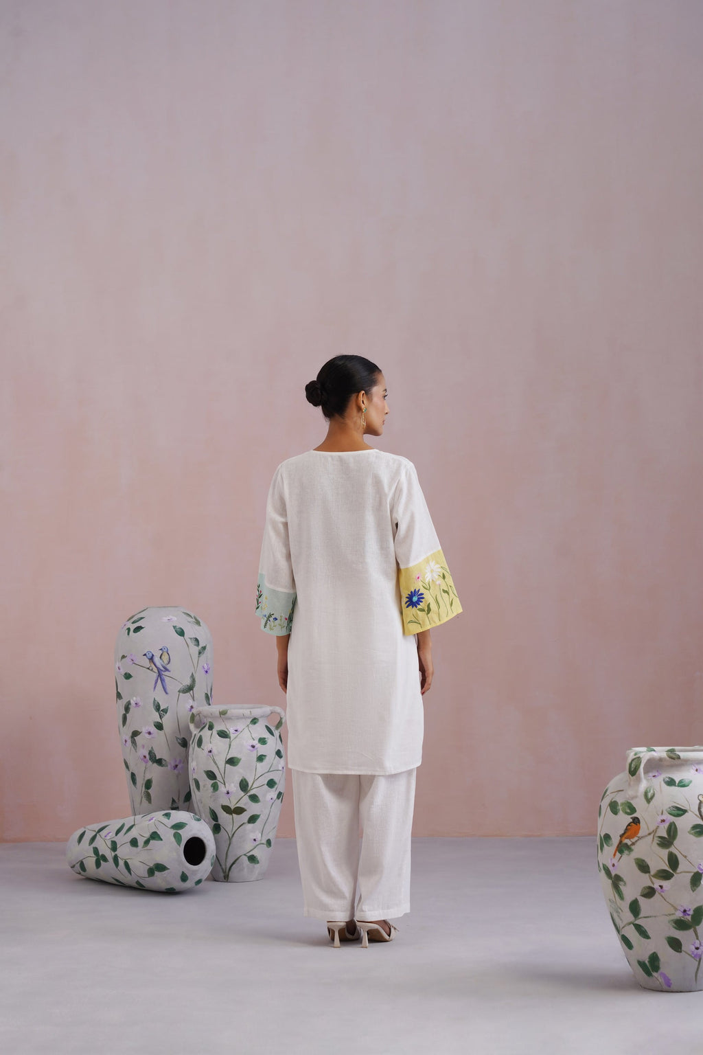 White Botanical Embroidered Cotton Linen Kurta Set Korah Stitch