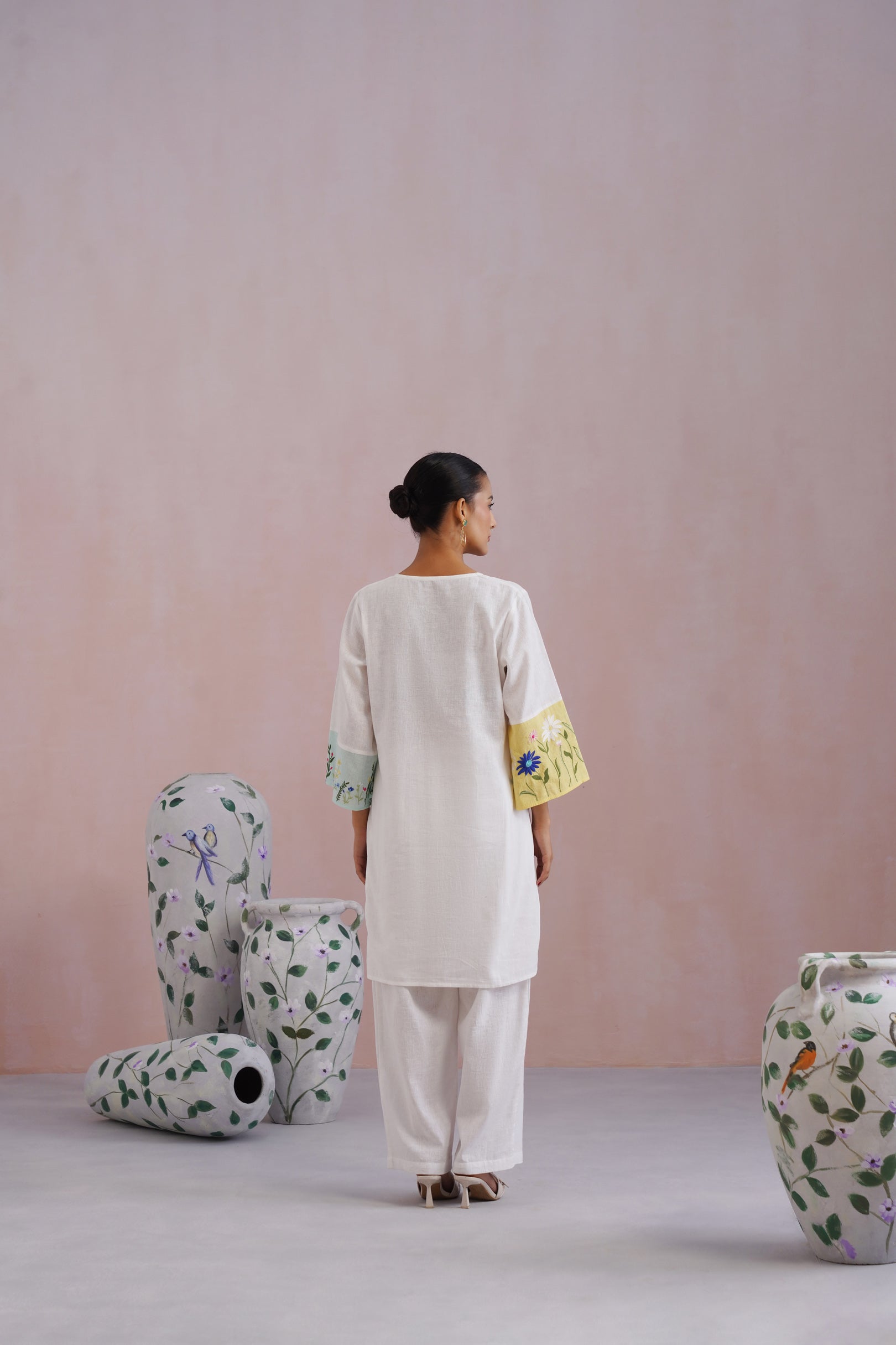 White Botanical Embroidered Cotton Linen Kurta Set Korah Stitch