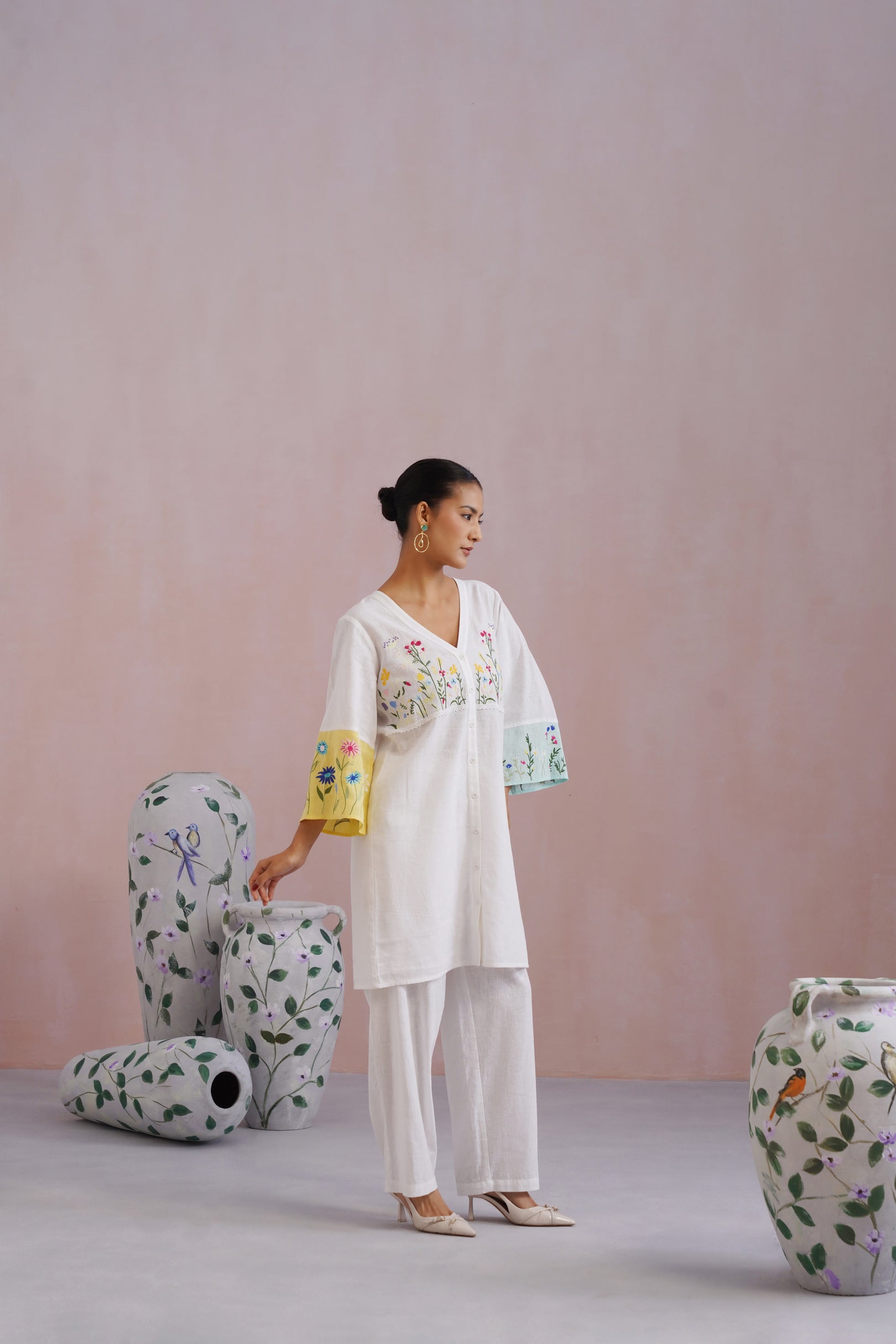 White Botanical Embroidered Cotton Linen Kurta Set Korah Stitch