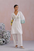 White Botanical Embroidered Cotton Linen Kurta Set Korah Stitch