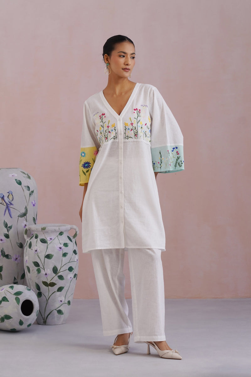 White Botanical Embroidered Cotton Linen Kurta Set Korah Stitch