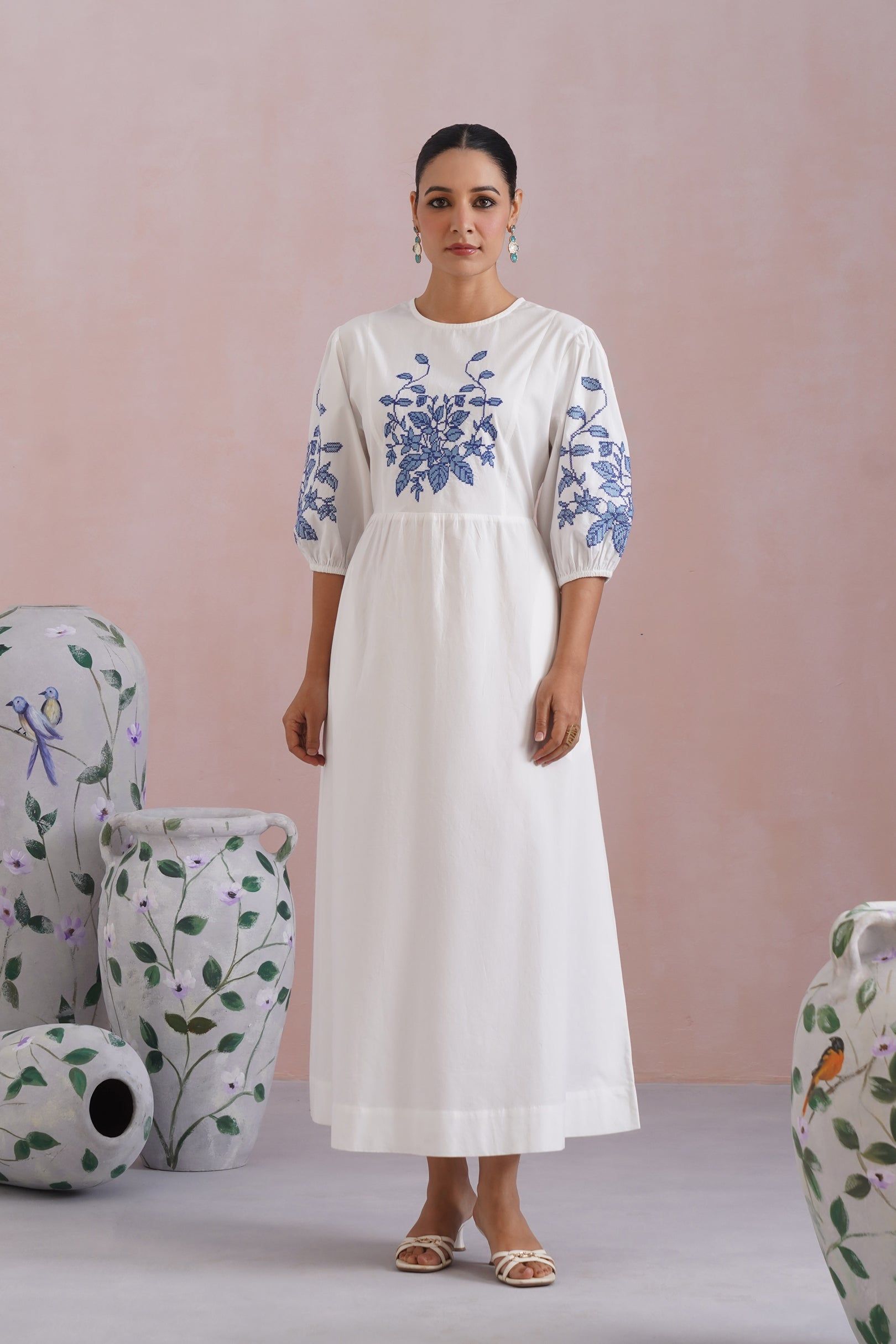 White Cross Stitch Embroidered Maxi Dress Korah Stitch