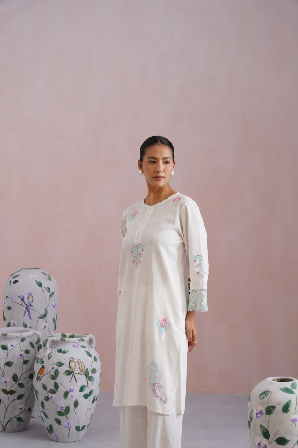 White Embroidered Kurta Set with organza detailing Korah Stitch