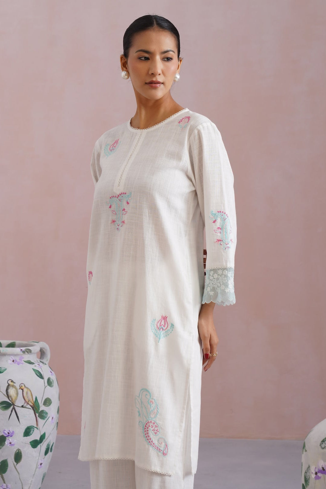 White Embroidered Kurta Set with organza detailing Korah Stitch