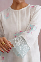 White Embroidered Kurta Set with organza detailing Korah Stitch