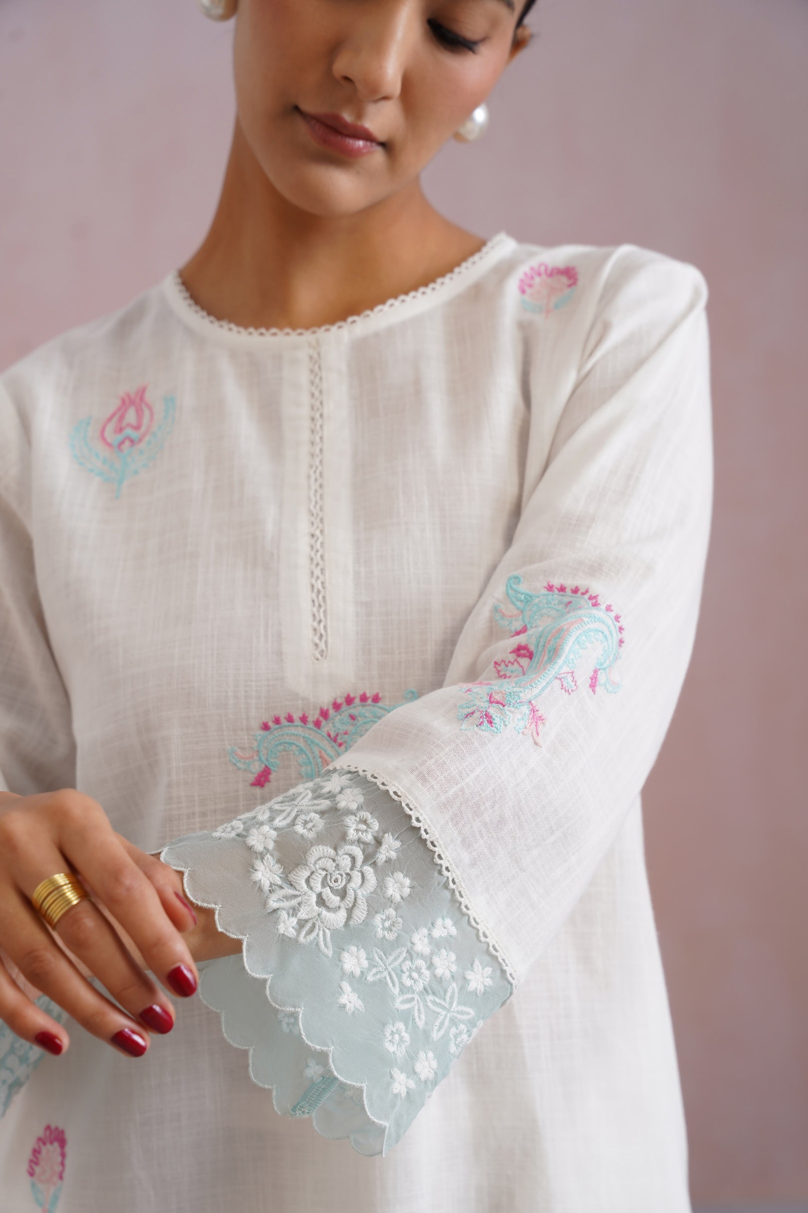 White Embroidered Kurta Set with organza detailing Korah Stitch