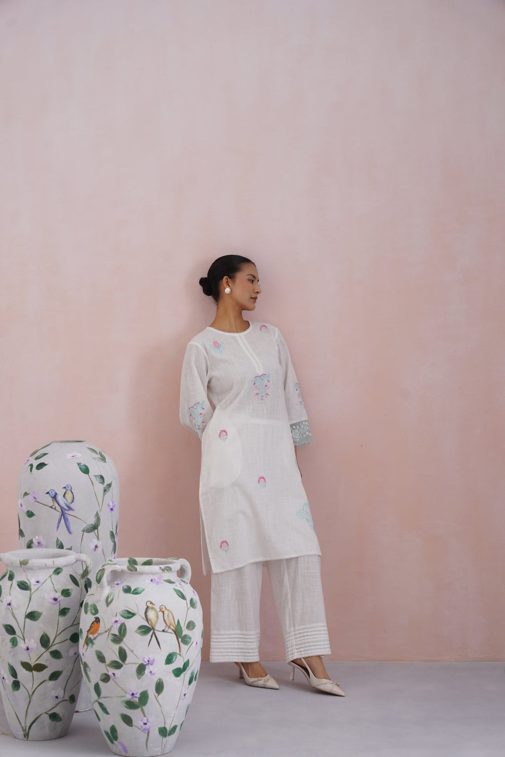 White Embroidered Kurta Set with organza detailing Korah Stitch