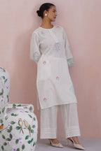 White Embroidered Kurta Set with organza detailing Korah Stitch