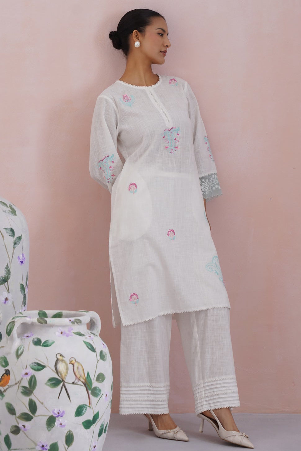 White Embroidered Kurta Set with organza detailing Korah Stitch