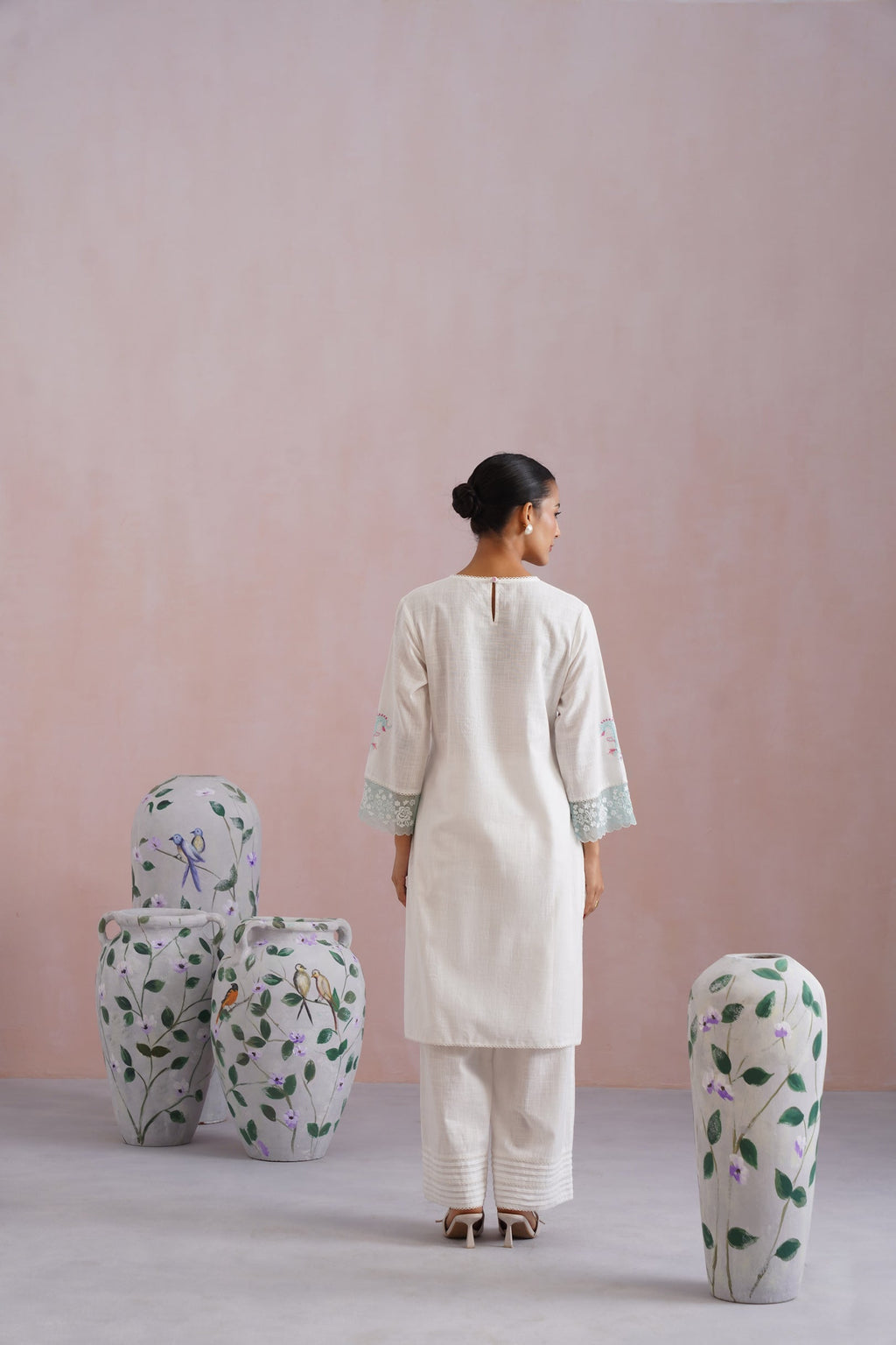 White Embroidered Kurta Set with organza detailing Korah Stitch