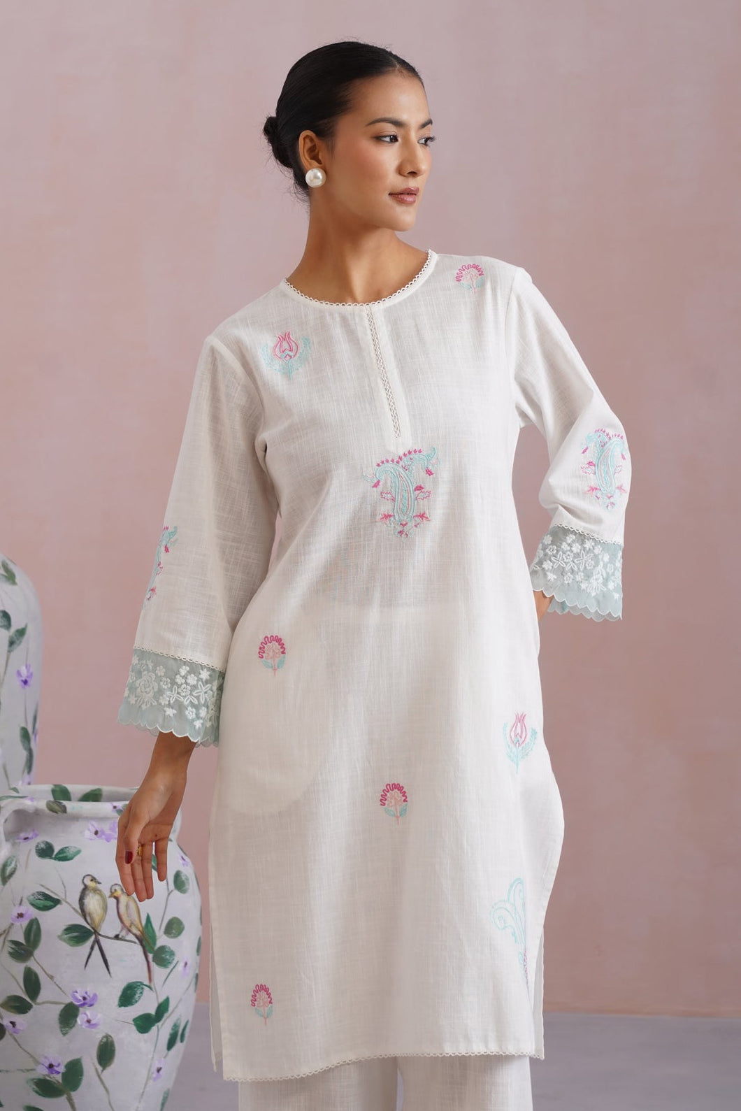 White Embroidered Kurta Set with organza detailing Korah Stitch