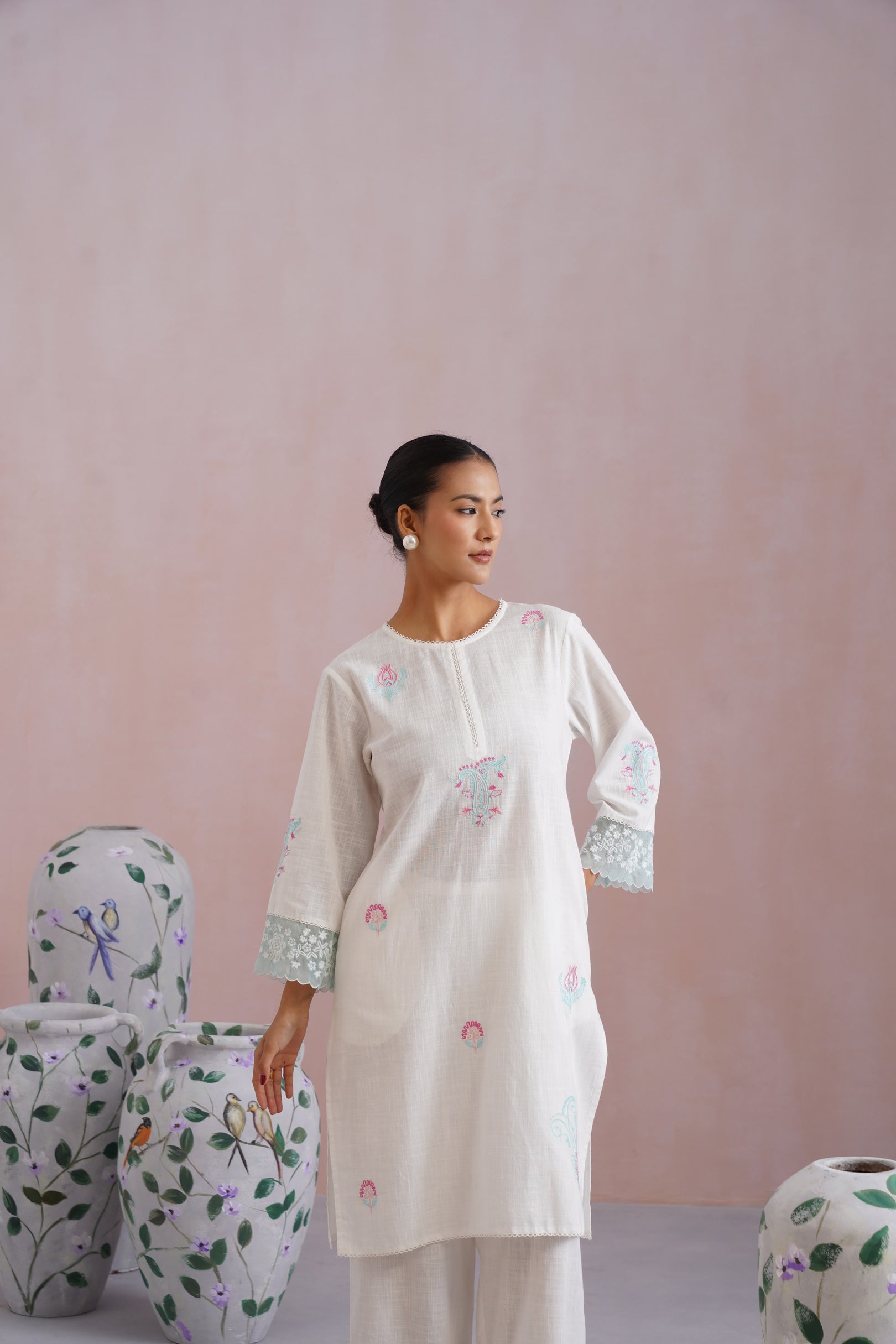White Embroidered Kurta Set with organza detailing Korah Stitch