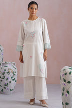 White Embroidered Kurta Set with organza detailing Korah Stitch