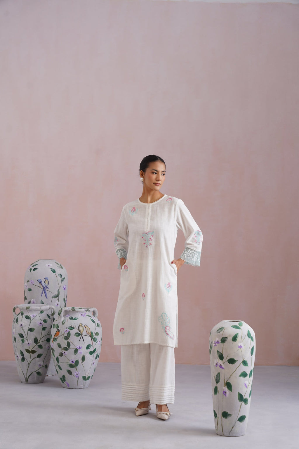 White Embroidered Kurta Set with organza detailing Korah Stitch