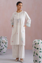 White Embroidered Kurta Set with organza detailing Korah Stitch