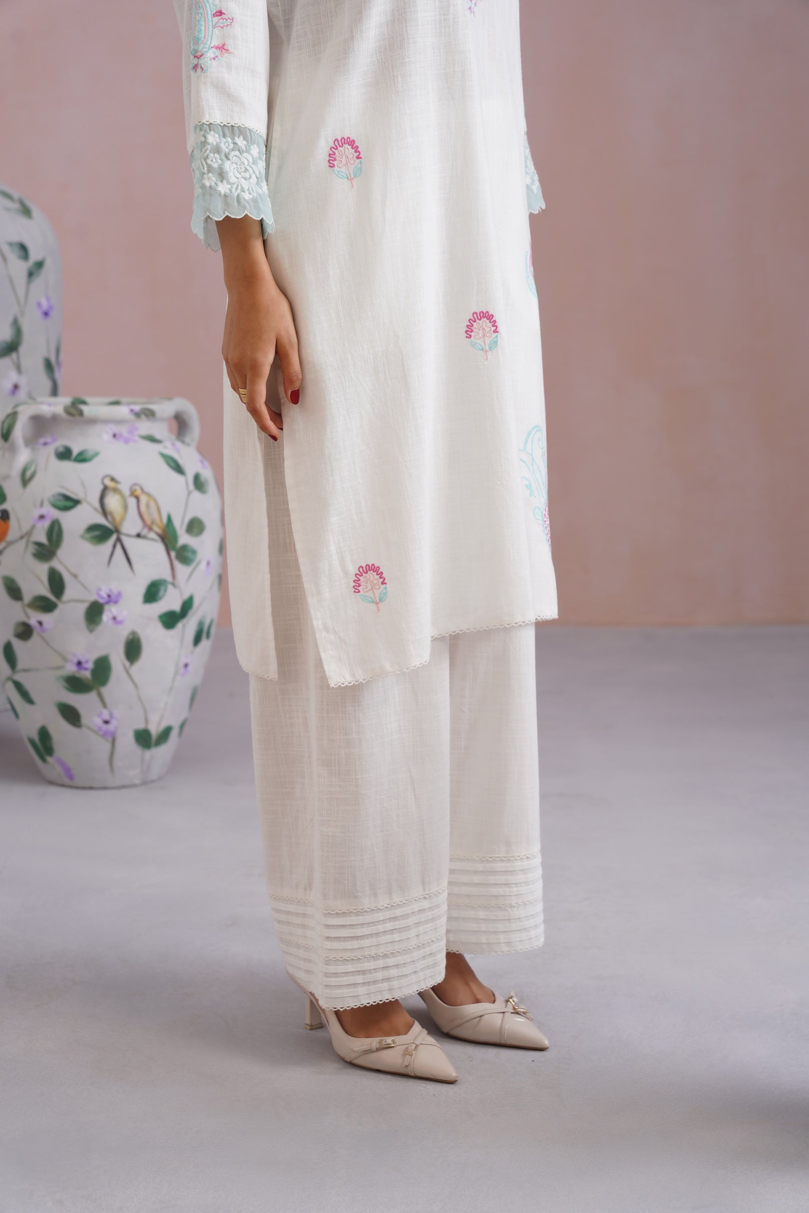 White Embroidered Kurta Set with organza detailing Korah Stitch