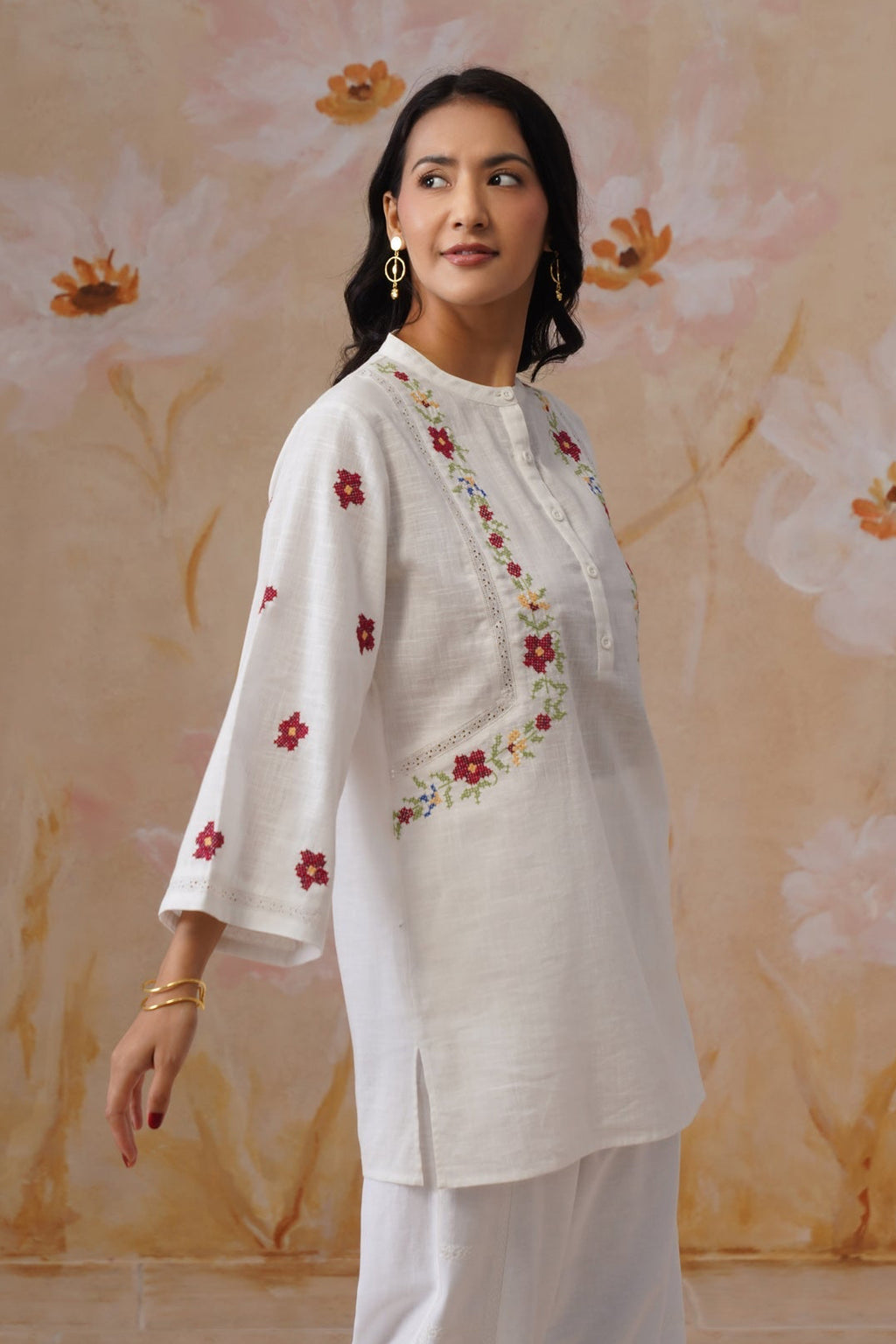 White Floral Cross Stitch Embroidered Tunic - Korah Stitch