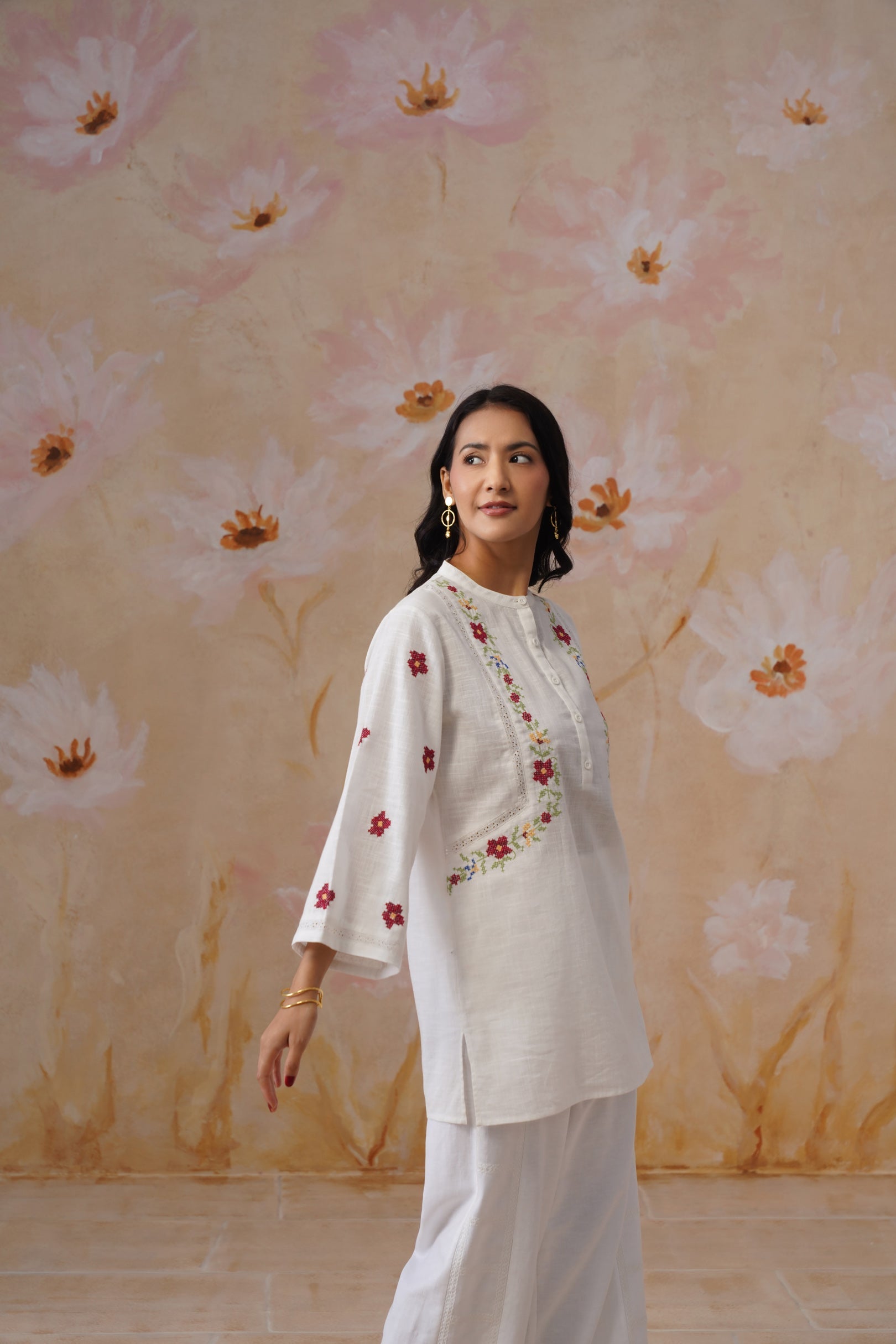 White Floral Cross Stitch Embroidered Tunic - Korah Stitch