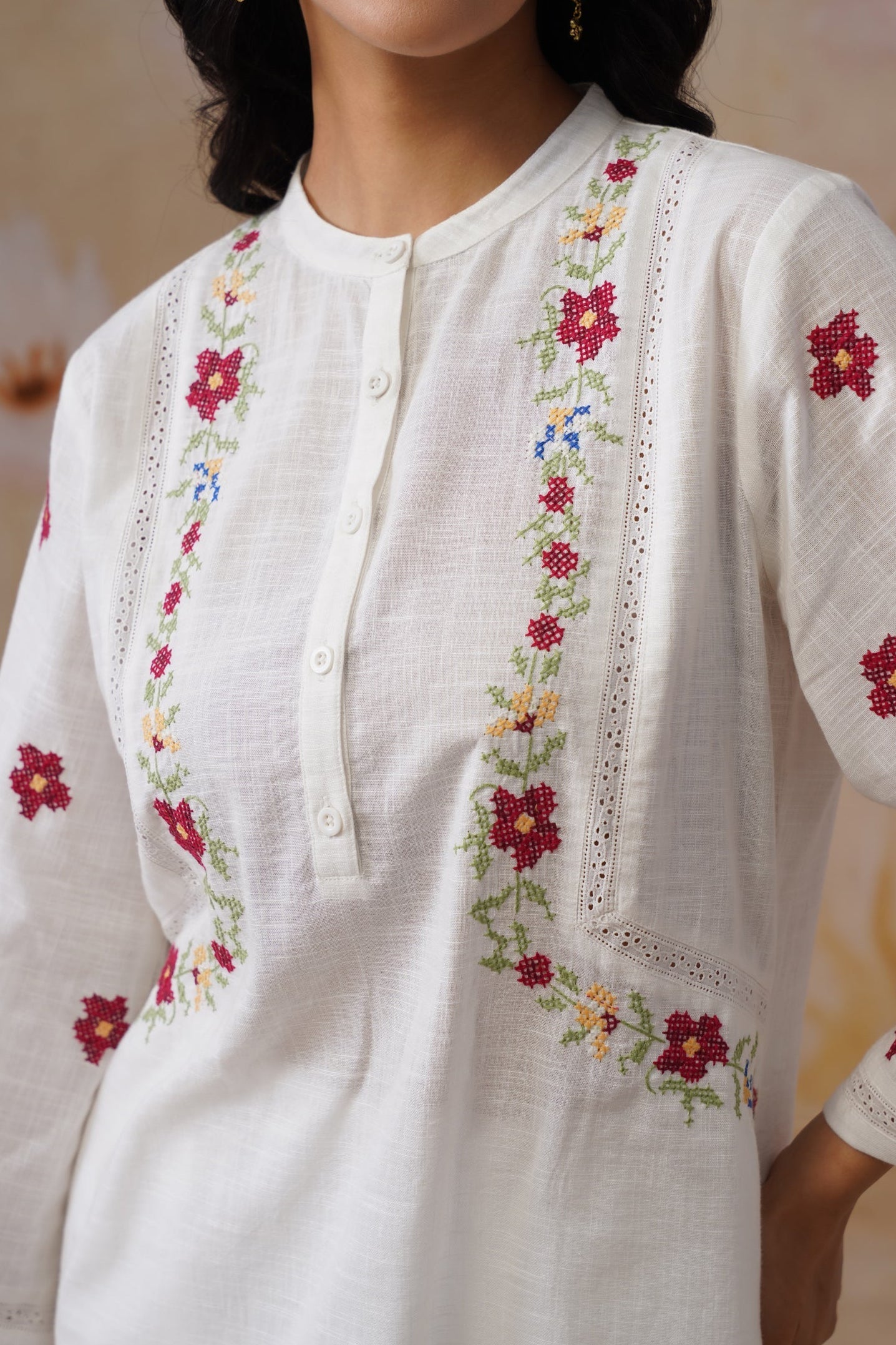 White Floral Cross Stitch Embroidered Tunic - Korah Stitch