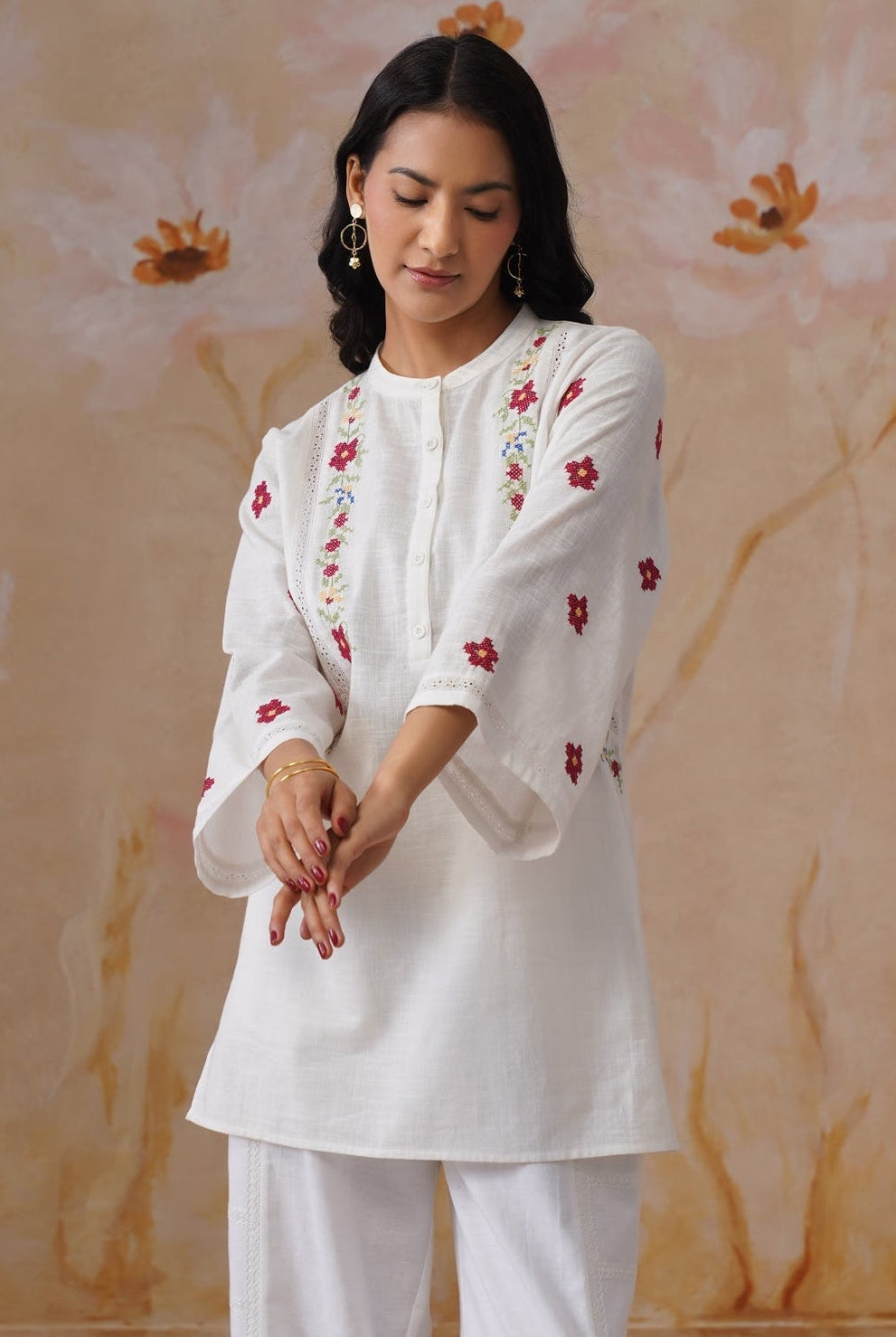 White Floral Cross Stitch Embroidered Tunic - Korah Stitch