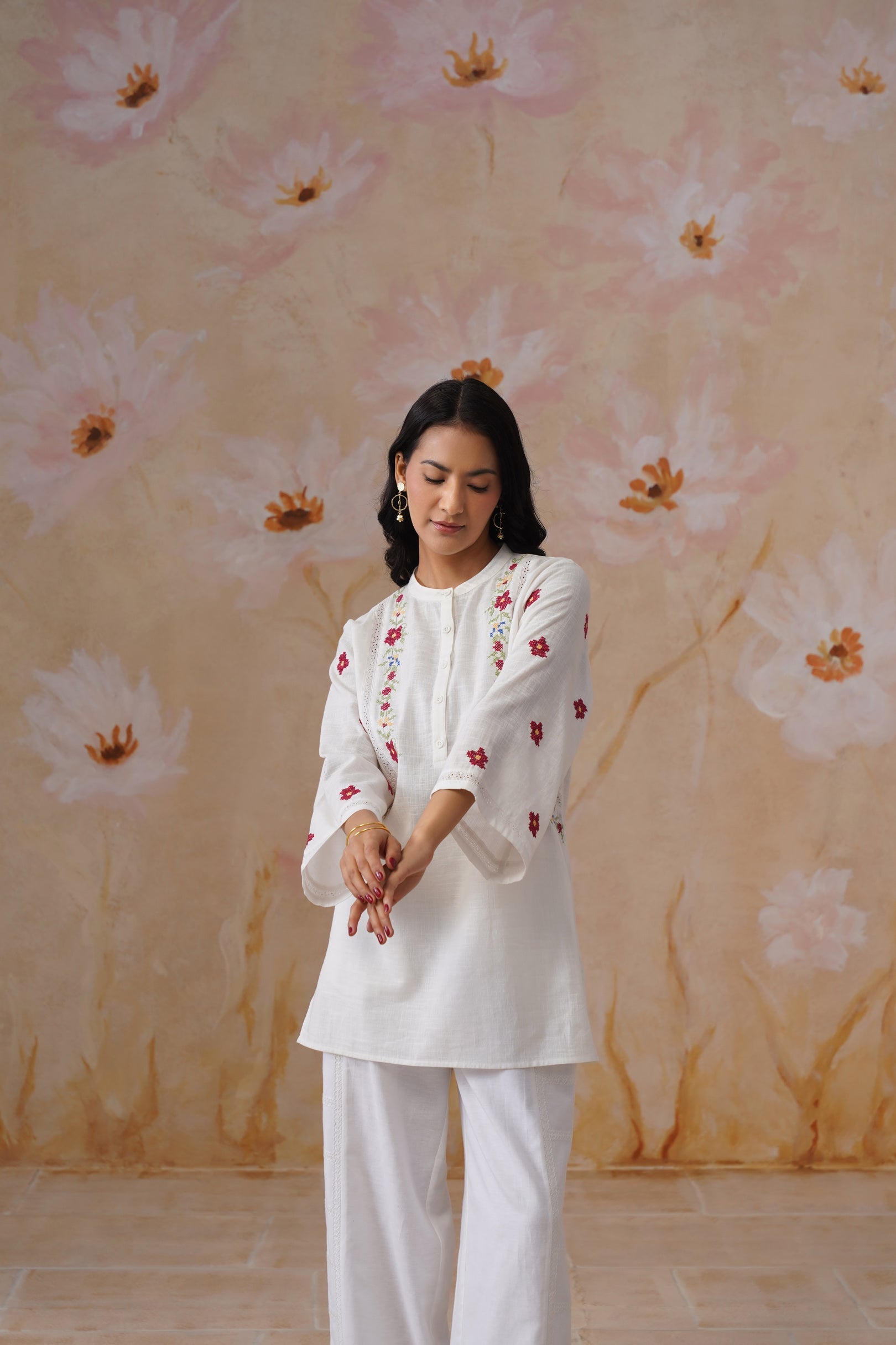 White Floral Cross Stitch Embroidered Tunic - Korah Stitch