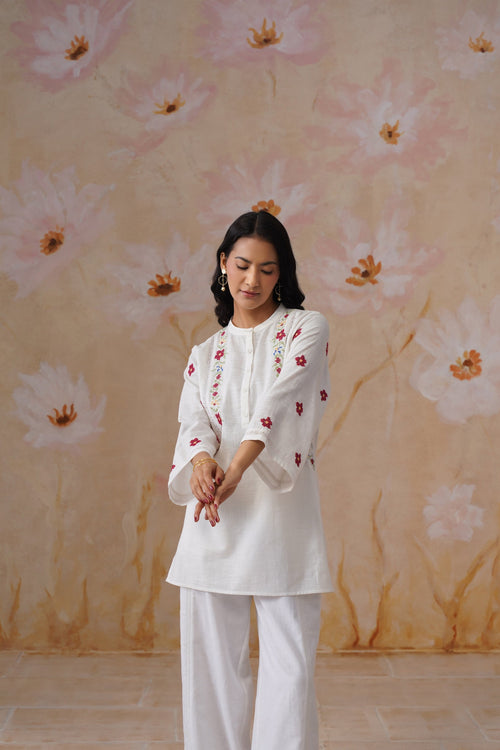 White Floral Cross Stitch Embroidered Tunic - Korah Stitch