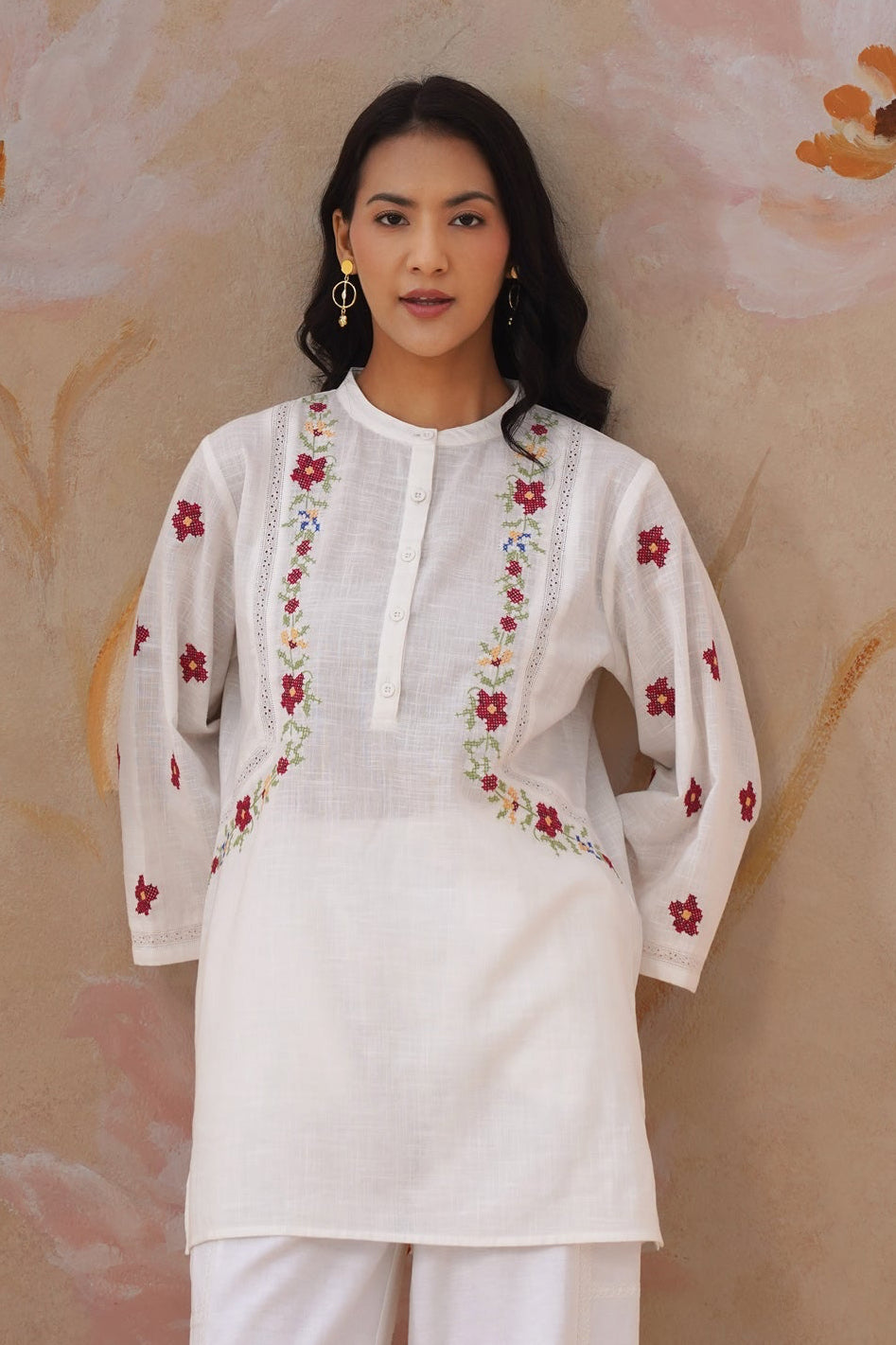 White Floral Cross Stitch Embroidered Tunic - Korah Stitch