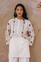 White Floral Cross Stitch Embroidered Tunic - Korah Stitch
