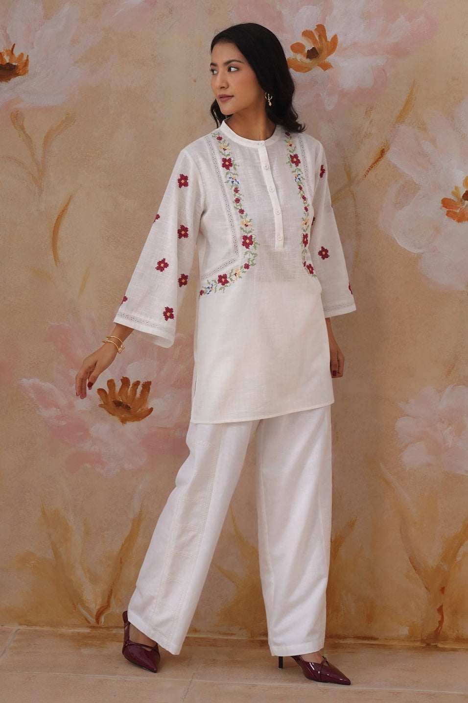 White Floral Cross Stitch Embroidered Tunic - Korah Stitch