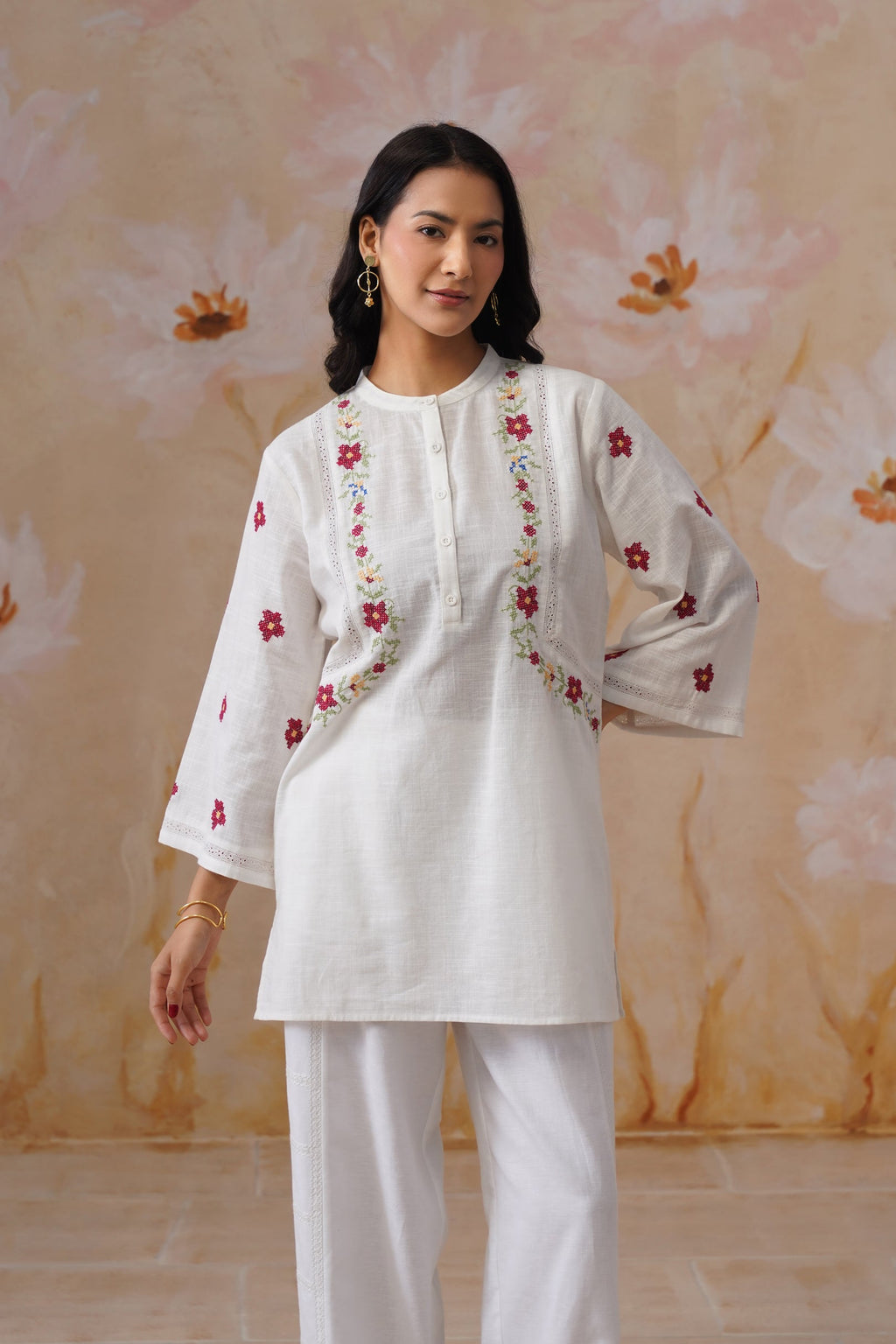 White Floral Cross Stitch Embroidered Tunic - Korah Stitch