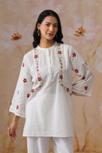 White Floral Cross Stitch Embroidered Tunic - Korah Stitch