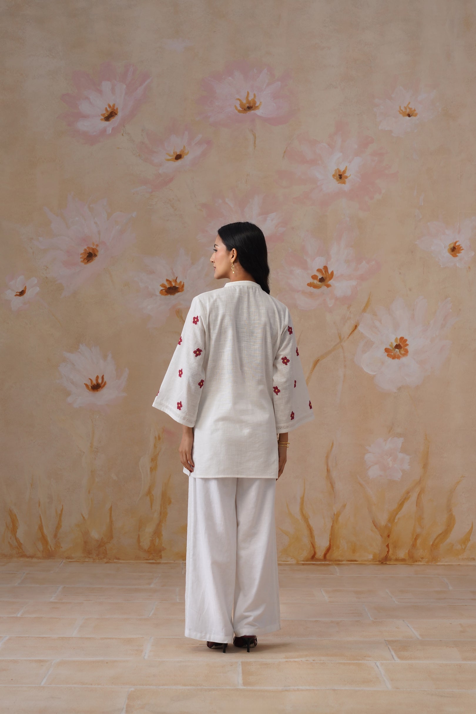 White Floral Cross Stitch Embroidered Tunic - Korah Stitch