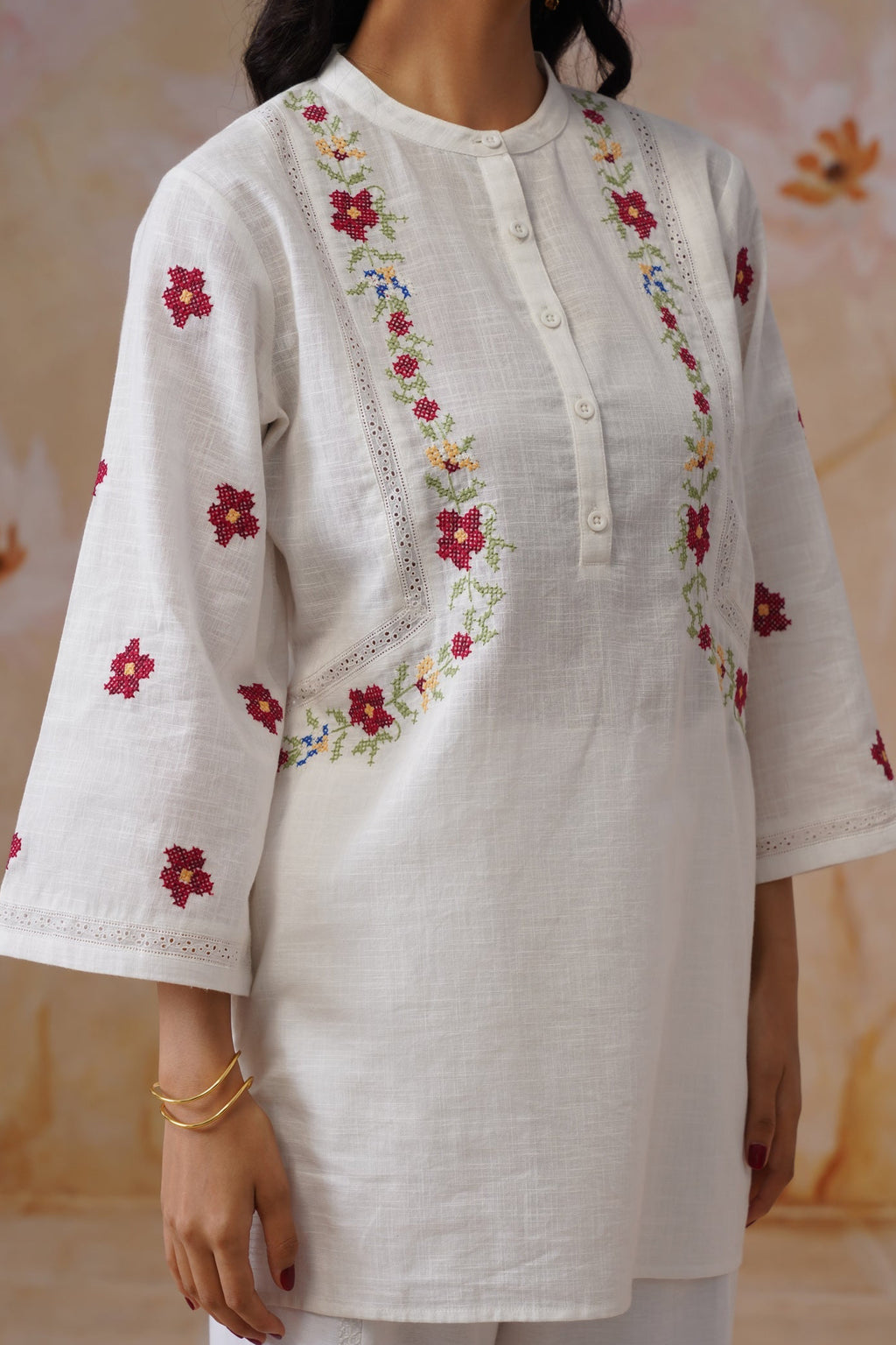 White Floral Cross Stitch Embroidered Tunic - Korah Stitch