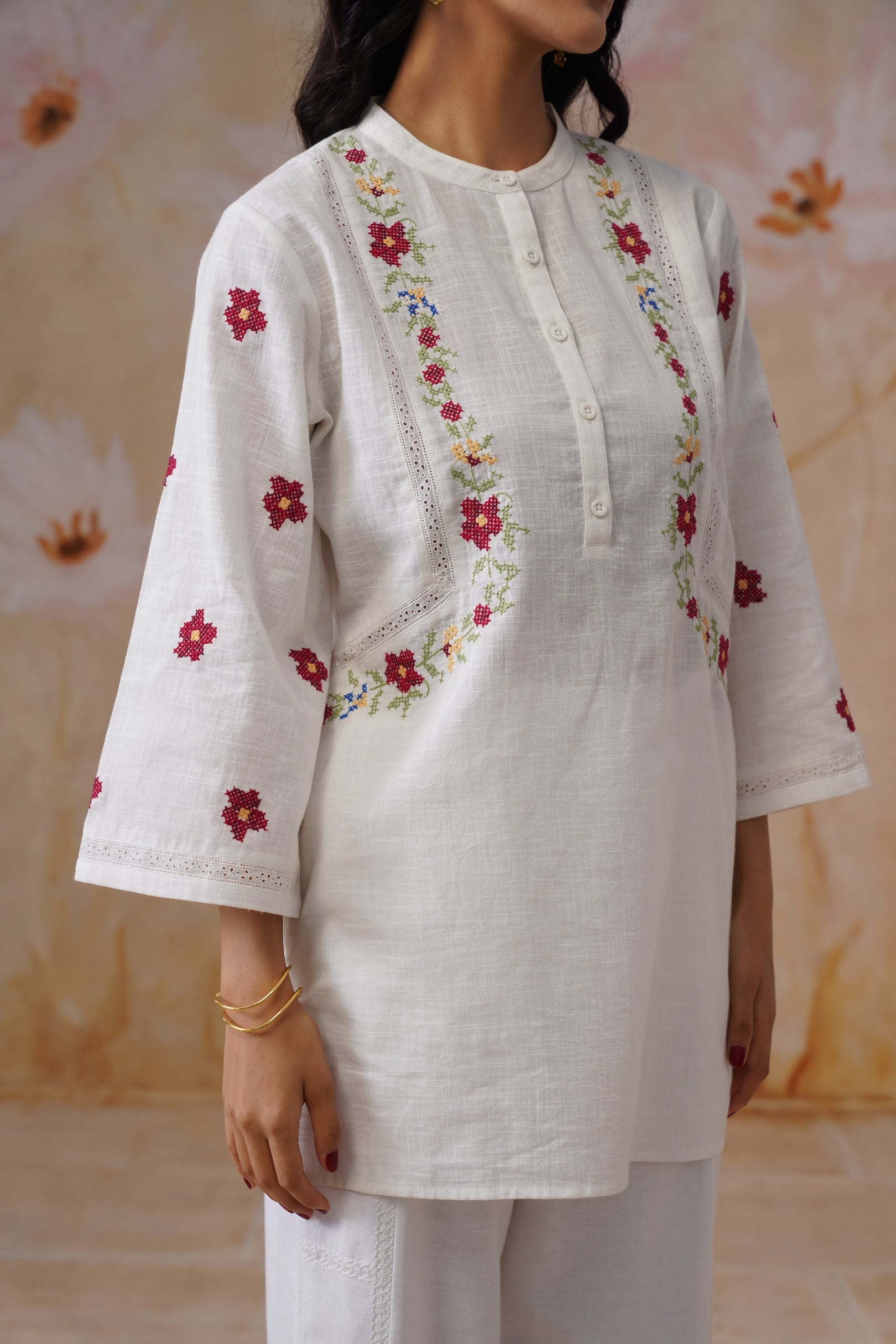 White Floral Cross Stitch Embroidered Tunic - Korah Stitch